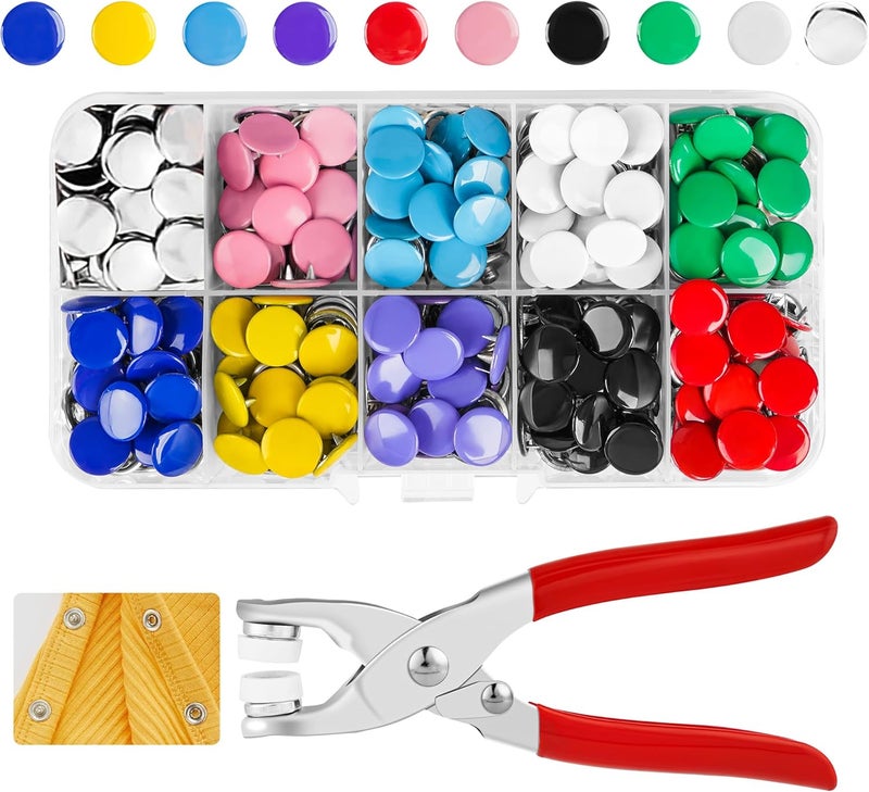 CHEPULA Snap Button Kit 100set, 9.5mm Snap Fasteners Kit with Pliers, Metal Snaps Kit with Tool, Five Claw Buckle Tool Set 10 Colors (Solid 100set) - Image 1